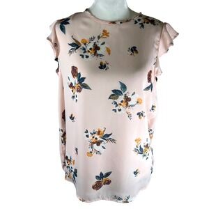 Sweet Rain Pink Floral Feminie Ruffle‎ Sleeve Tie Back Blouse Top Size Large